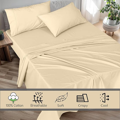 RUVANTI 100% Cotton Sheets – Twin XL Size Percale Bedding, Cooling & Breathable, Durable with a Crisp, Soft & Comfortable Feel, 16" Deep Pocket, 3-Piece Set, Beige
