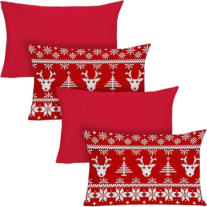 YIYEA Christmas King Size Pillow Cases Set of 4, Ultra Soft Double Brushed Microfiber Red Pillowcases and Christmas Reindeer Pillow Covers, Envelope Closure, Fade Resistant (20"x36")