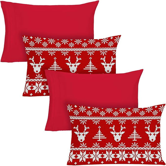 YIYEA Christmas King Size Pillow Cases Set of 4, Ultra Soft Double Brushed Microfiber Red Pillowcases and Christmas Reindeer Pillow Covers, Envelope Closure, Fade Resistant (20"x36")