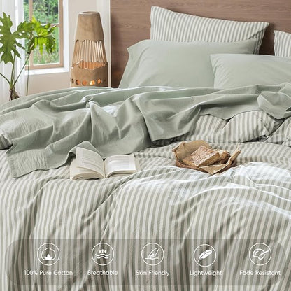 MooMee Bedding Sheet Set 100% Washed Cotton Linen Like Textured Breathable Durable Soft Comfy (Heathered Sage Green, Full)