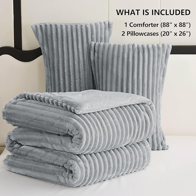 CozyLux Fluffy Queen Comforter Set - Super Soft Faux Fur Grey Comforter Queen Size, Winter Warm Fleece Bedding Set, 3 Pieces Plush Fuzzy Bed Set (1 Shaggy Comforter, 2 Pillowcases)