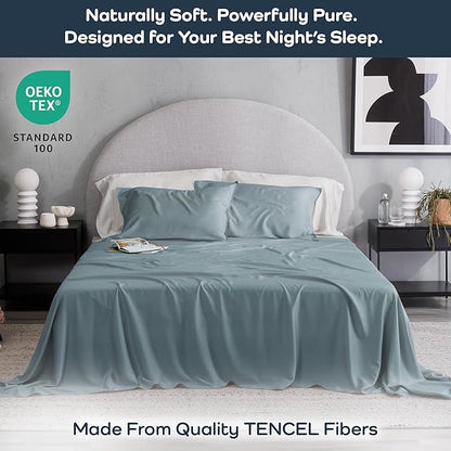 Olive + Crate Tencel Lyocell Eucalyptus Twin XL Sheets - Extra Long Sheet Set - Cooling Tencel Sheets for Hot Sleepers with 16 Inch Deep Pocket Fit - Basalt Blue 3-Piece Set