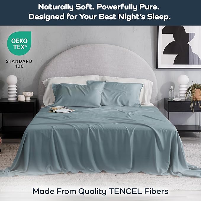 Olive + Crate Tencel Lyocell Eucalyptus Sheets King Size - Cooling Tencel Sheets for Hot Sleepers with 18 Inch Deep Pocket Fit - Basalt Blue 4-Piece Set