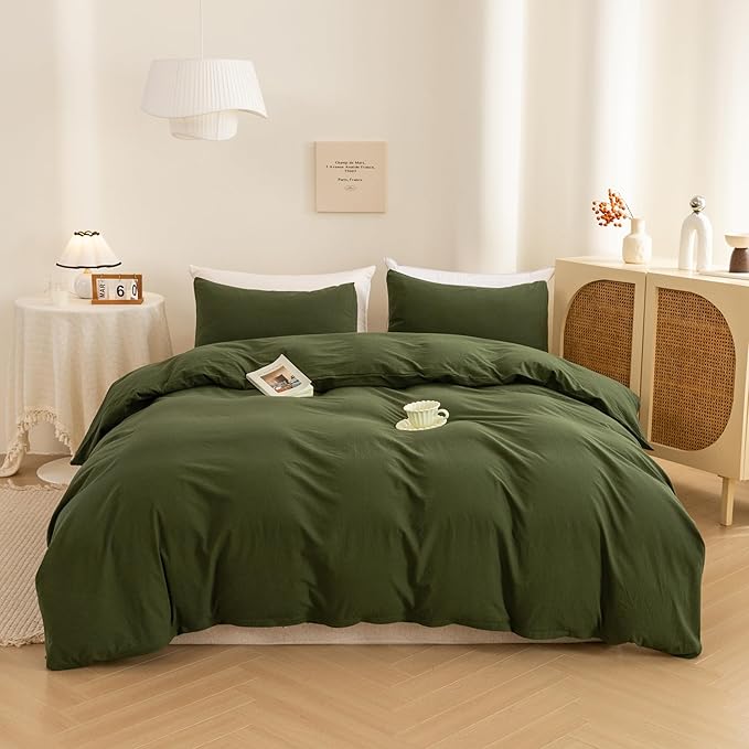 ECOCOTT 3 Pieces Duvet Cover King 100% Washed Cotton 1 Duvet Cover with Zipper and 2 Pillowcases, Ultra Soft and Easy Care Breathable Cozy Simple Style Bedding Set (Avocado Green)