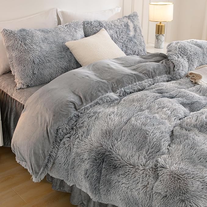Andency Faux Fur Tie-Dyed Grey White Comforter for Queen Size Bed, 3 Pieces Fluffy Fuzzy Plush Bedding Comforter Set (1 Shaggy Velvet Comforter & 2 Pillowcases), Soft Puffy Bedding Set