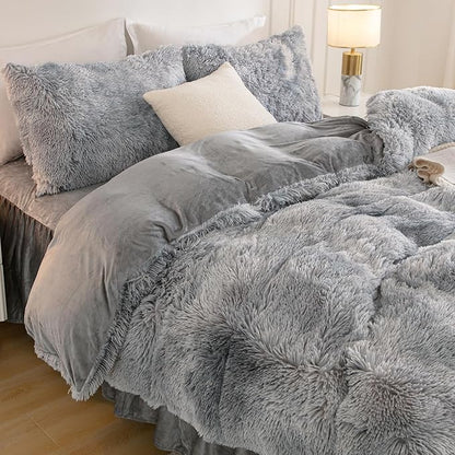 Andency Tie-Dyed Grey White Comforter King Size, 3 Pieces Faux Fur Fluffy Fuzzy Plush Bedding Comforter Set, Soft Puffy Comfy Down Comforter Bed Set