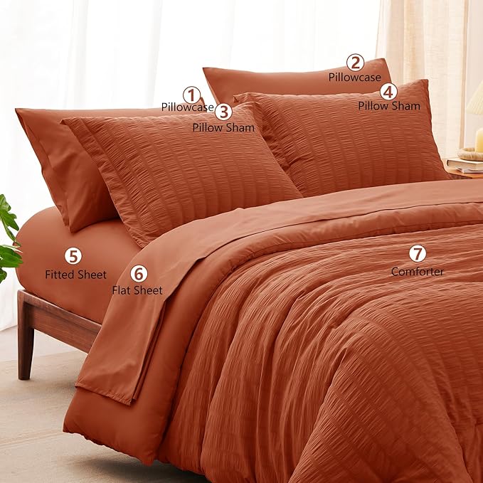 CozyLux Full Size Comforter Sets with Sheets 7 Pieces, Burnt Orange Seersucker Bed in a Bag Textured Luxury Soft Bedding Sets with Down Alternative Comforter, Sheets, Pillowcases & Shams, Terracotta