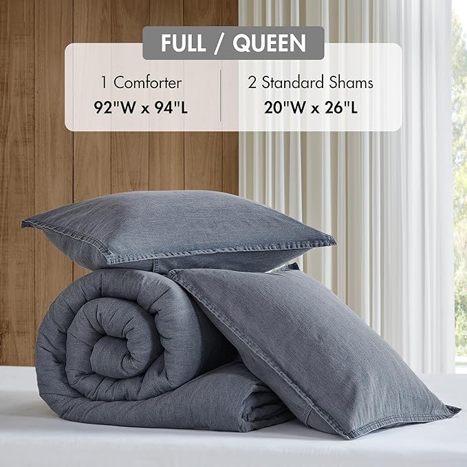 Woolrich Queen Comforter Set Cotton Stone Washed, Oversized Comforters Queen Size Bed, All Season Down Alternative Overfilled Queen Size Comforter, McKenzie, Full/Queen Blue 3 Piece