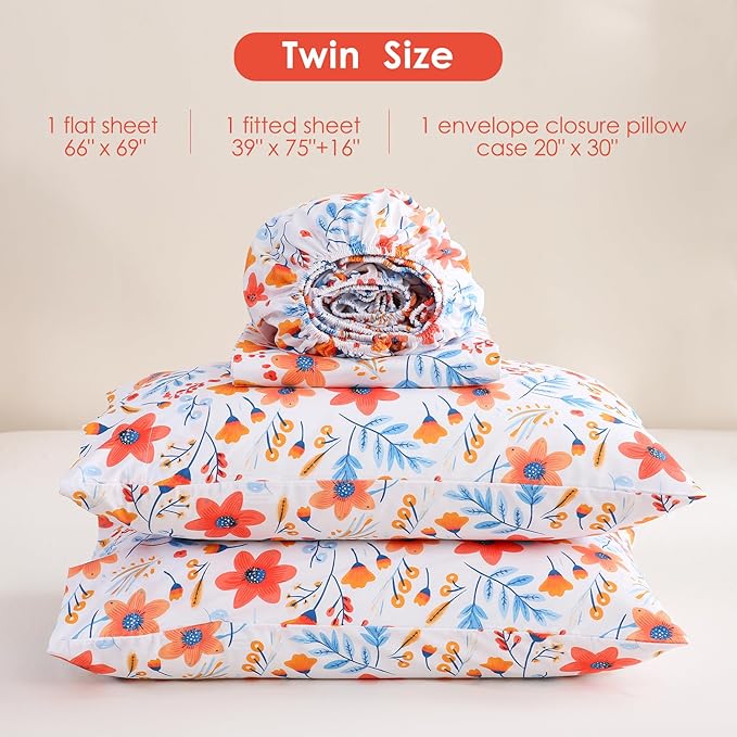 JSD Floral Printed Sheet Set Twin Size, 3 Piece Flower Pattern Microfiber Bed Sheets Deep Pocket