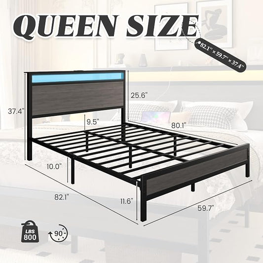 Fluest Queen Bed Frame with Headboard & Footboard, Bed Frame with Built-in Charging Station & LED Light, Storage Shelf, Noise-Free, No Box Spring Needed, Easy Assembly, Rustic Grey