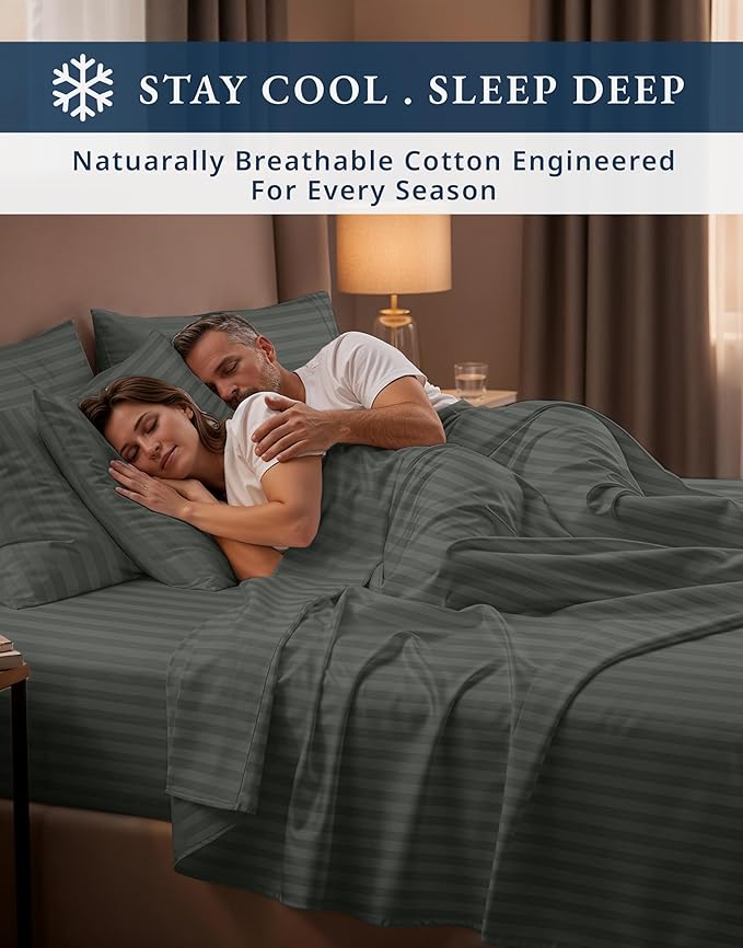 LANE LINEN 100% Egyptian Cotton King Sheets Set, Soft & Comfy Sateen Weave Mercerized Cotton Sheets King, Fully Elasticized Reinforced French Seam Fitted King Bed Sheets Damask Stripe – Dark Grey