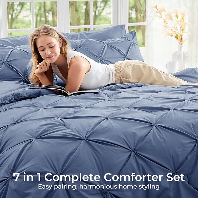 Sasttie Full Size Comforter Set, 7-Piece Bed in a Bag, Pintuck Bedding Set for All Season, Includes Comforter, Flat Sheet, Fitted Sheet, Pillowcases and Pillowshams, Slate Blue