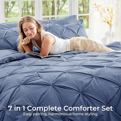 Sasttie Full Size Comforter Set, 7-Piece Bed in a Bag, Pintuck Bedding Set for All Season, Includes Comforter, Flat Sheet, Fitted Sheet, Pillowcases and Pillowshams, Slate Blue