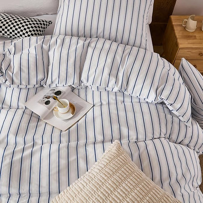 Merryword 100% Cotton Duvet Cover Set Queen Size, Blue and White Stripe Bedding Set, Soft Breathable Natural Cotton Duvet Cover with Pillowcases, Modern Coastal Style Bedding Set for All Seasons