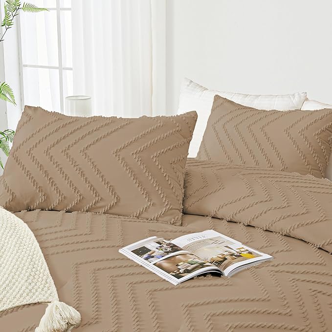 Andency Taupe Comforter Set Full Size, Boho Soft Warm Tufted Bedding Comforter Sets for Full Size Bed, 3 Pieces Aesthetic Chevron Farmhouse Cute Bohemian Textured Bed Set