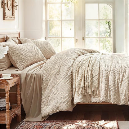 Zzlpp King Size Comforter Set 7 Pieces, Beige Tufted Bed in a Bag with Comforter and Sheets, All Season Boho Bedding Sets with 1 Comforter, 2 Pillow Shams, 2 Pillowcases, 1 Flat Sheet, 1 Fitted Sheet