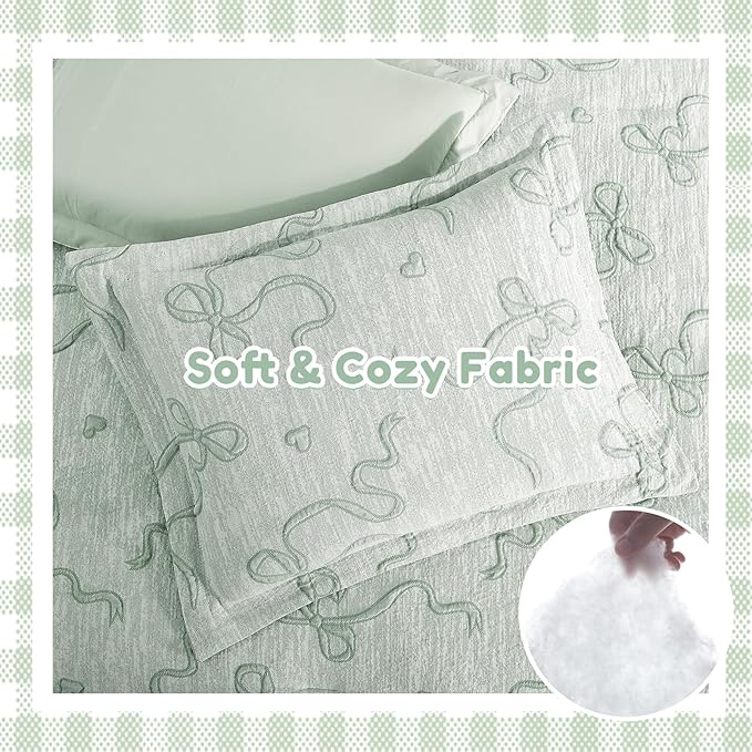 Geniospin Light Green Twin Comforter Set for Girls- 5 Pieces Bowknot Jacquard Bed in A Bag Twin Bedding Sets with Sheets, Pillowcases & Shams, All Season Kids Comforter Set