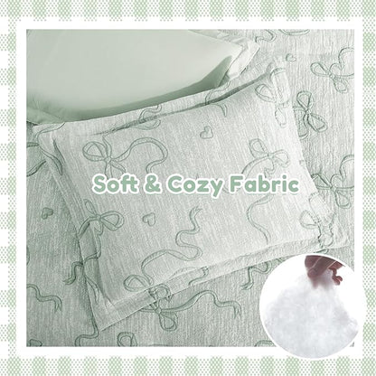 Geniospin Light Green Twin Comforter Set for Girls- 5 Pieces Bowknot Jacquard Bed in A Bag Twin Bedding Sets with Sheets, Pillowcases & Shams, All Season Kids Comforter Set