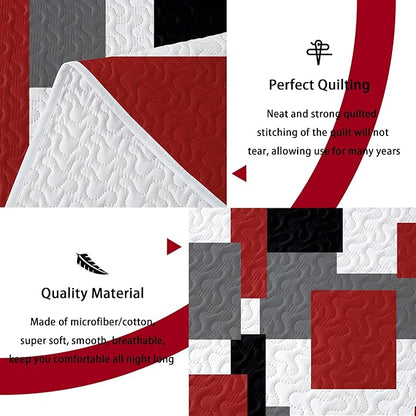 3 Piece Red Black Grey Quilt Set California King Size Red White Geometric Reversible Bedding Set Microfiber Lightweight Bedspread Coverlet with 2 Shams Bed Cover for All Season, 118''x106''