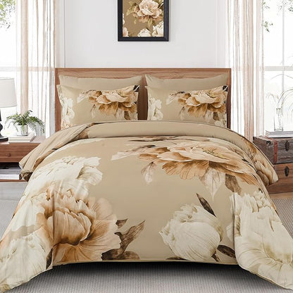 Dobuyly Full Size Comforter Set 7 Piece Bed in a Bag Full, Taupe Floral Printed on Khaki Fall Comforter Set with Sheets, Soft Microfiber Farmhouse Complete Bedding Set for All Season
