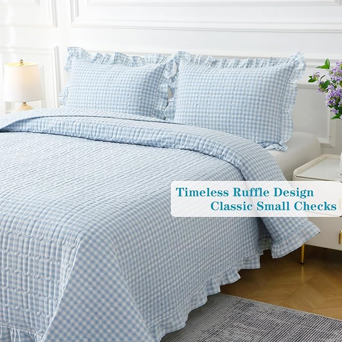 Light Blue White Ruffle Gingham Quilt Set Queen Size with 2 Pillow Shams, 100% Washed Cotton Yarn-Dyed Quited Bedspread Farmhouse Bedding Set (Light Blue, Queen) | Ruffle quilt, Gingham quilt, 100% washed cotton