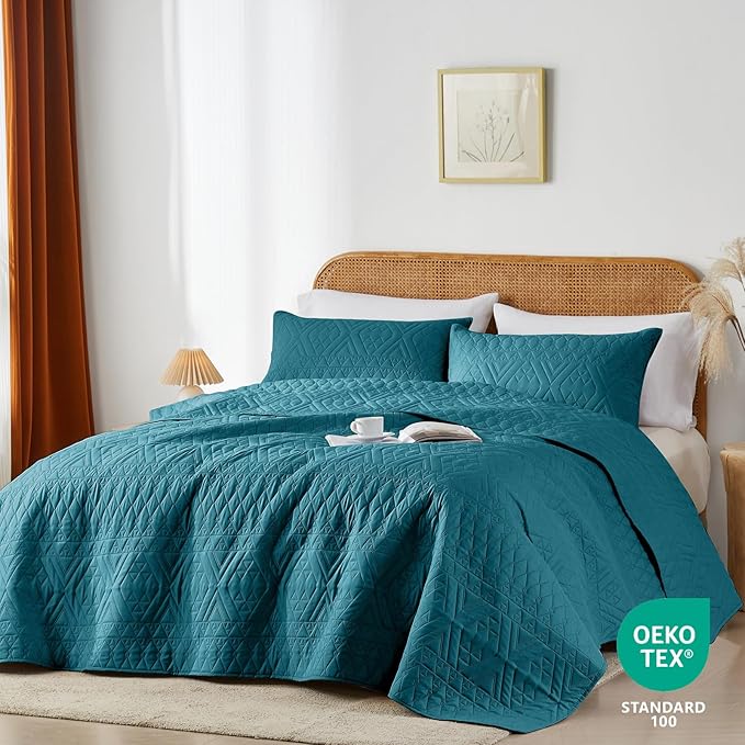 akkialla Twin Quilt Set, Teal Lightweight Microfiber Bedspread Coverlet, Boho Geometric Pattern, Soft All-Season Bedding, 2-Piece (1 Quilt, 1 Pillow Sham) | Breathable fabric, Modern style