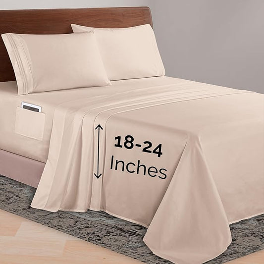 Elegant Comfort Luxurious 1500 Premium Hotel Quality Microfiber 4-Piece Sheet Set, 18-24 Inches Deep - Extra Deep Pocket Sheets - Ultra Soft 4PC Deep Pocket Sheets, Queen, Cream