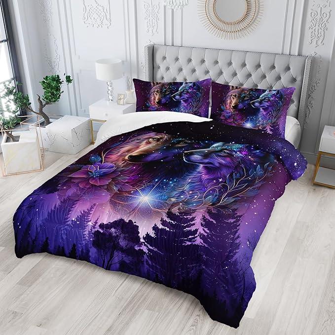 Wolf Bedding Set King Size - Camping Theme Comforter Set With Animal Print