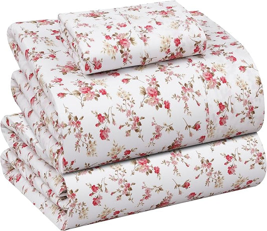 RUVANTI 100% Cotton Sheets – Twin Size Percale Bedding, Cooling & Breathable Floral Design, Durable with a Crisp, Soft & Comfortable Feel, 16" Deep Pocket, 3-Piece Set, Bouquet