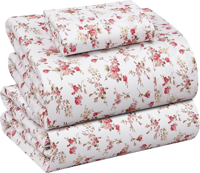 RUVANTI 100% Cotton Sheets – Twin XL Size Percale Bedding, Cooling & Breathable Floral Design, Durable with a Crisp, Soft & Comfortable Feel, 16" Deep Pocket, 3-Piece Set, Bouquet