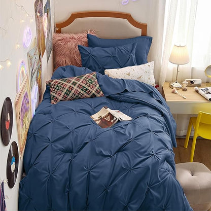 Bedsure Twin XL Comforter Set - Extra Long 5 Pieces Dorm Bedding Sets, GentleSoft™ Pinch Pleat Navy Blue Bed in a Bag with Pintuck Comforter, Sheets, Pillowcase & Sham