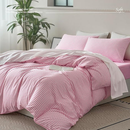 JELLYMONI King Duvet Cover Set, Cotton Duvet Cover 2 Pieces with Zipper Closure, 1 Duvet Cover and 2 Pillowcases(Pink with White Striped)