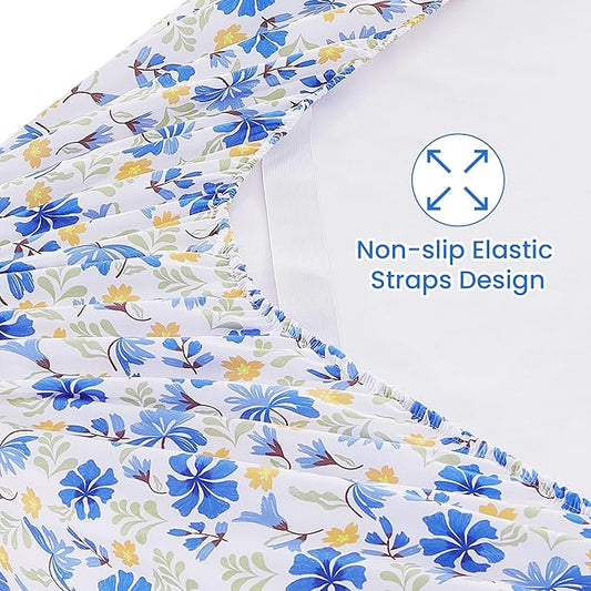 Softan Vintage Blue Floral Twin Bed Sheets, Cozy Microfiber Flower Printed Sheets with 15" Deep Pocket Fitted Sheet & Non-Slip Straps, Patterned Floral in Blue & Amber Sheets & Pillowcase Set