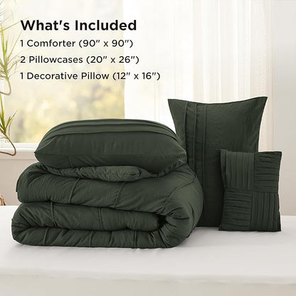 Bedsure Queen Comforter Set - 4 Pieces Pinch Pleat Bed Set, Olive Green Boho Bedding for All Season, 1 Soft Comforter, 2 Pillowcases, 1 Decorative Pillow