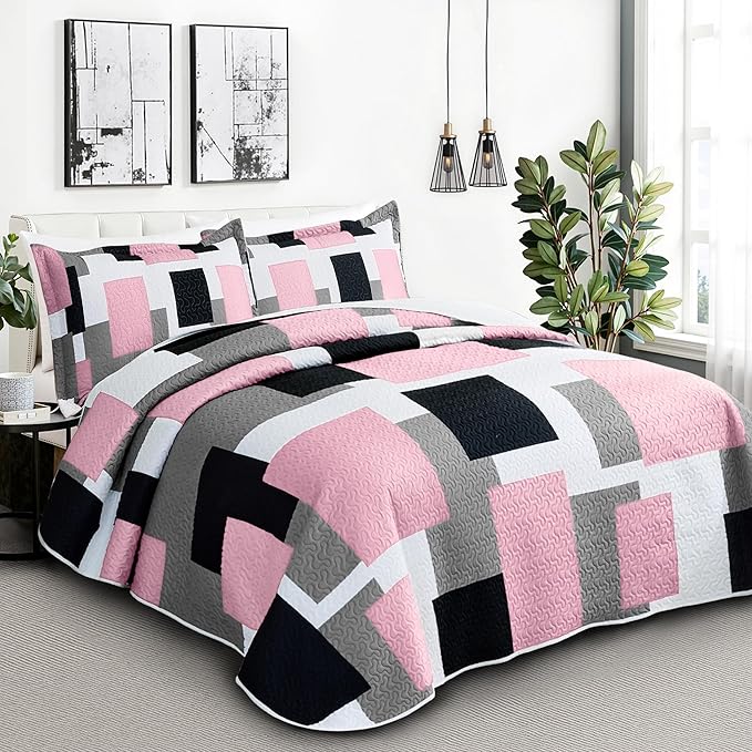 3 Piece Pink Grey Quilt Set Full/Queen Size Pink Gray White Geometric Reversible Bedding Set Microfiber Lightweight Bedspread Coverlet with 2 Shams Modern Bed Cover for All Season, 90''x96''