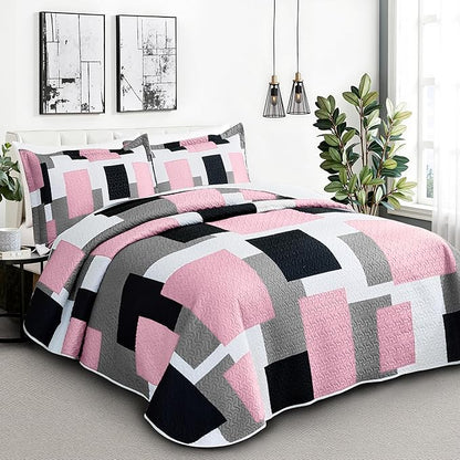 3 Piece Pink Grey Quilt Set California King Size Pink Gray White Geometric Reversible Bedding Set Microfiber Lightweight Bedspread Coverlet with 2 Shams Bed Cover for All Season, 118''x106''