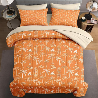 7 Pcs Queen Size Comforter Set with 2 Pillowcases & 2 Shams, Boho Palm Tree Beach Bedding for Kids and Adults, Summer Hawaiian Tropical Leaf Bed in a Bag with Flat Fitted Sheet