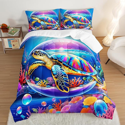 Sea Turtle Comforter Set King Size,Colorful Underwater World Toddler Bed Comforter Set,Coastal Bedding for Kids Boys Girls Room Decor,Sea Life Themed Comforter Sets 2 Pillowcases.