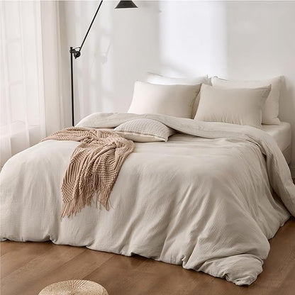RRENEWROOTS Gream Gray Twin Duvet Cover, 100% Sandwashed Cotton Soft Twin Size Duvet Cover Set 3 Pieces with Zipper Clousre & Corner Buttons (Cream Gray, Twin 69 x 90)