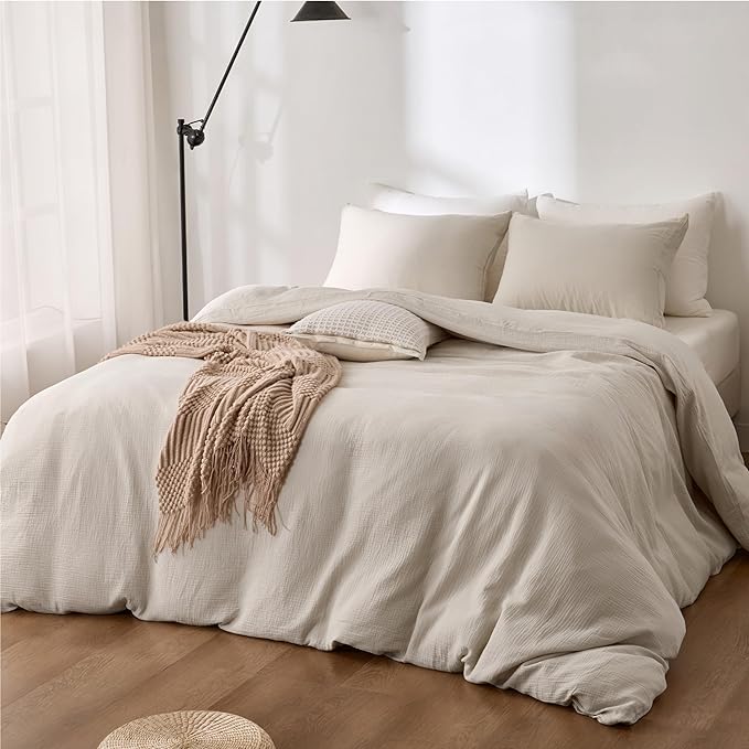 Gream Gray Duvet Cover King, 100% Sandwashed Cotton Soft King Size Duvet Cover Set 3 Pieces with Zipper Clousre & Corner Buttons (Cream Gray, King 104 x 90)