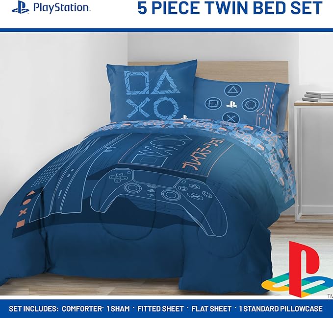 Jay Franco Kids Comforter Set Includes Sheets and Pillow Covers - Soft and Cozy Bed Set for Stylish Room Decor, Official Licensed Bedding, Blue - PlayStation, 5 Piece Twin