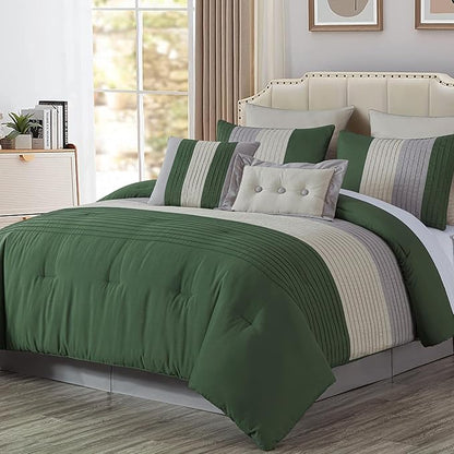 Chezmoi Collection Loft 8-Piece Full Comforter Set, Forest Green/Gray/Cream Luxury Striped Bedding for All Season
