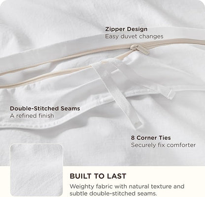 Bedsure Cotton Duvet Cover Queen Size - Luxury Slub Weave 100% Cotton Duvet Cover Set, PureWoven Bedding Set with a Linen Like Textured, Easy Change, Bright White, 90" x 90"