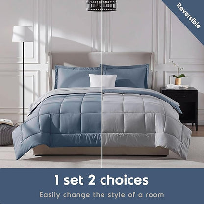 Nestl 7 Piece Queen Comforter Set – Stone Blue Reversible Bed in a Bag – Complete Queen Size Bedding Set with Sheets, Pillowcases and Shams