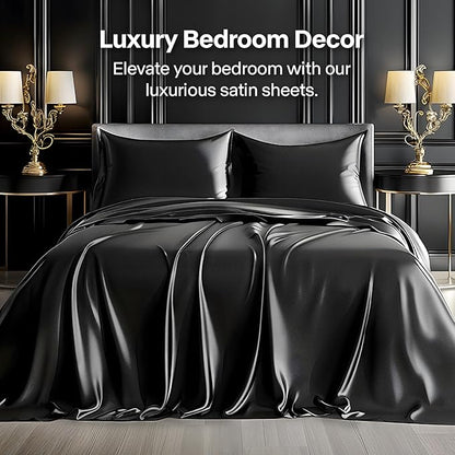 BEDELITE Satin Sheets Twin Size Bed Set, Luxury Soft Black Silky Sheets for Hair and Skin, Similar to Silk Bed Sheets Set 3 Pieces with 1 Deep Pocket Fitted Sheet, 1 Flat Sheet, and 1 Pillowcase