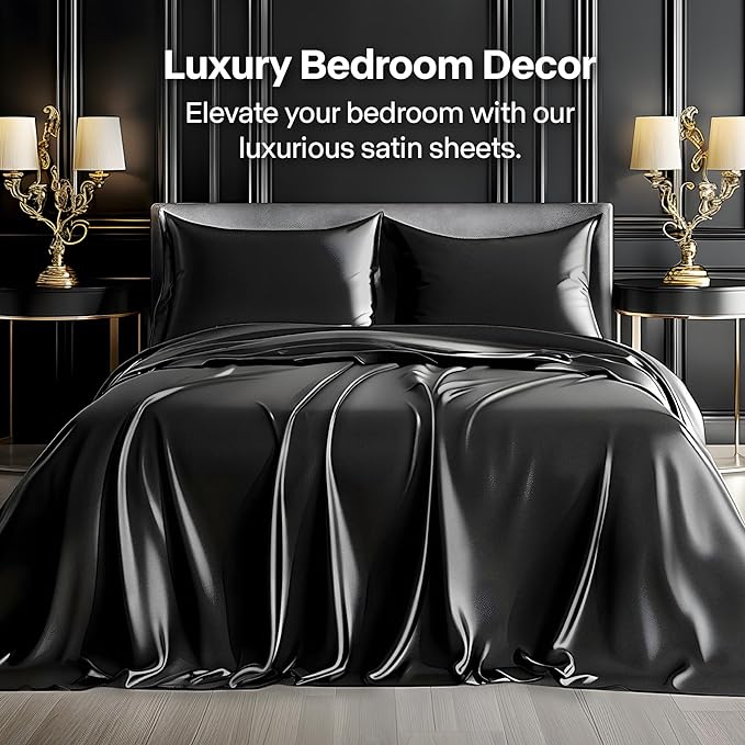 BEDELITE Satin Sheets Full XL Size Bed Set, Luxury Soft Black Silky Sheets for Hair and Skin, Similar to Silk Bed Sheets Set 4 Pieces with 1 Deep Pocket Fitted Sheet, 1 Flat Sheet, 2 Pillowcases