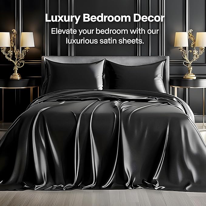 BEDELITE California King Sheets Set, Luxury Soft Black Satin Sheets for Hair and Skin, Similar to Silk Bed Sheets Set 4 Pieces with 1 Deep Pocket Fitted Sheet, 1 Flat Sheet, and 2 Pillowcases