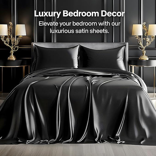 BEDELITE California King Sheets Set, Luxury Soft Black Satin Sheets for Hair and Skin, Similar to Silk Bed Sheets Set 4 Pieces with 1 Deep Pocket Fitted Sheet, 1 Flat Sheet, and 2 Pillowcases