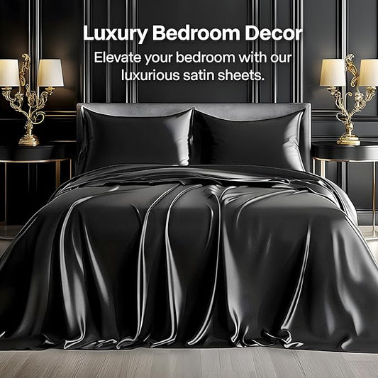 BEDELITE King Size Sheets Set, Luxury Soft Black Satin Sheets for Hair and Skin, Similar to Silk Bed Sheets Set 4 Pieces with 1 Deep Pocket Fitted Sheet, 1 Flat Sheet, and 2 Pillowcases