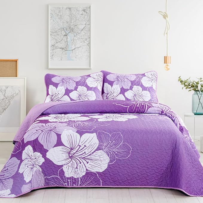 DJY Purple Floral Queen Quilt Set 3 Pieces Botanical Pattern Bedspread Summer Gradient Bedding Quilt Set with 2 Pillow Shams Soft Boho Microfiber Coverlet Set for All Season 90''x96''